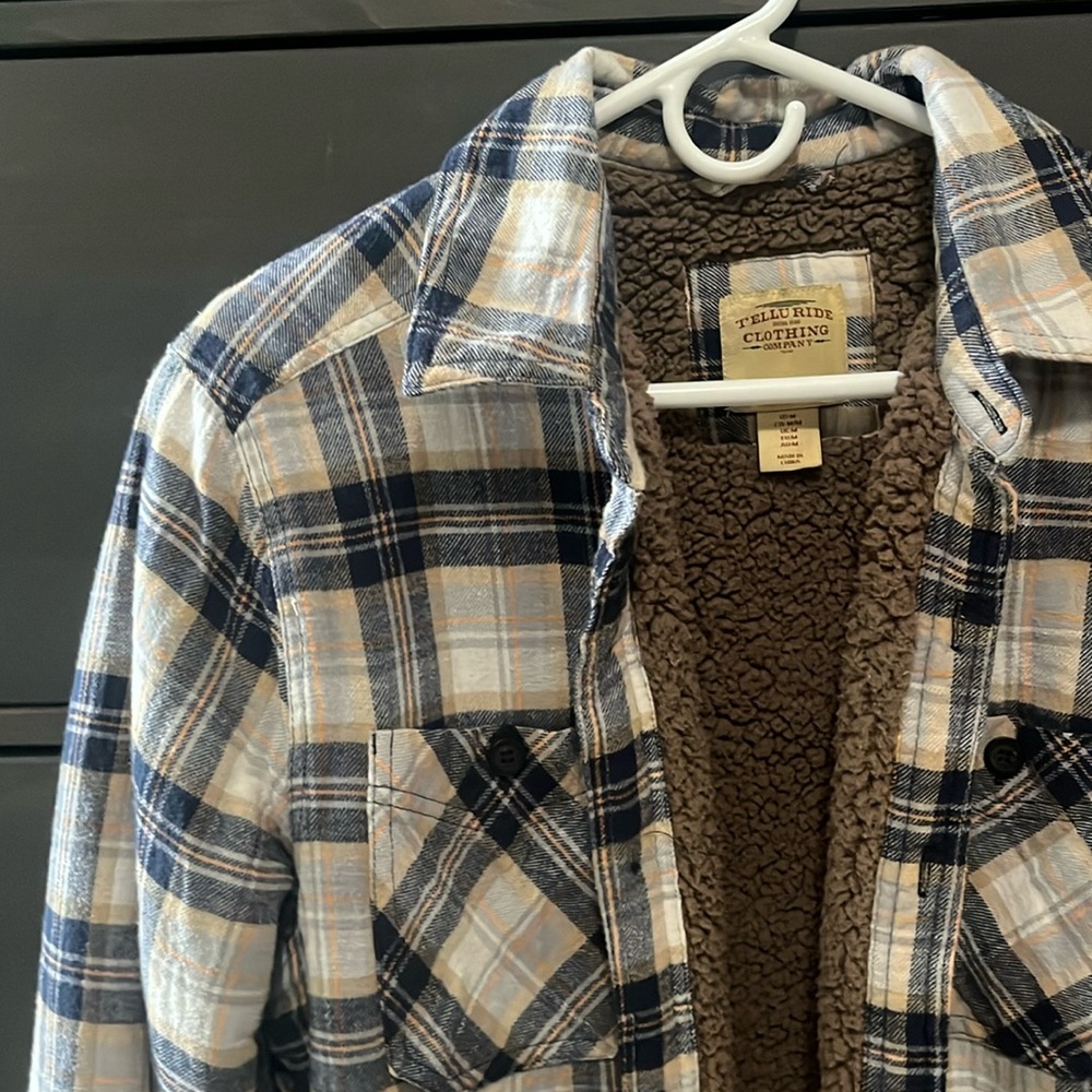 Telluride Clothing Sherpa Flannel | Medium | Blue, White, Orange, and Brown